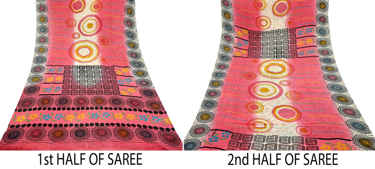 Indian Vintage Sari Ivory & Pink Pure Georgette Silk Printed Saree Craft Fabric Sewing 5Yd Soft Light Dress Making Crafting Quilting Upcycle
