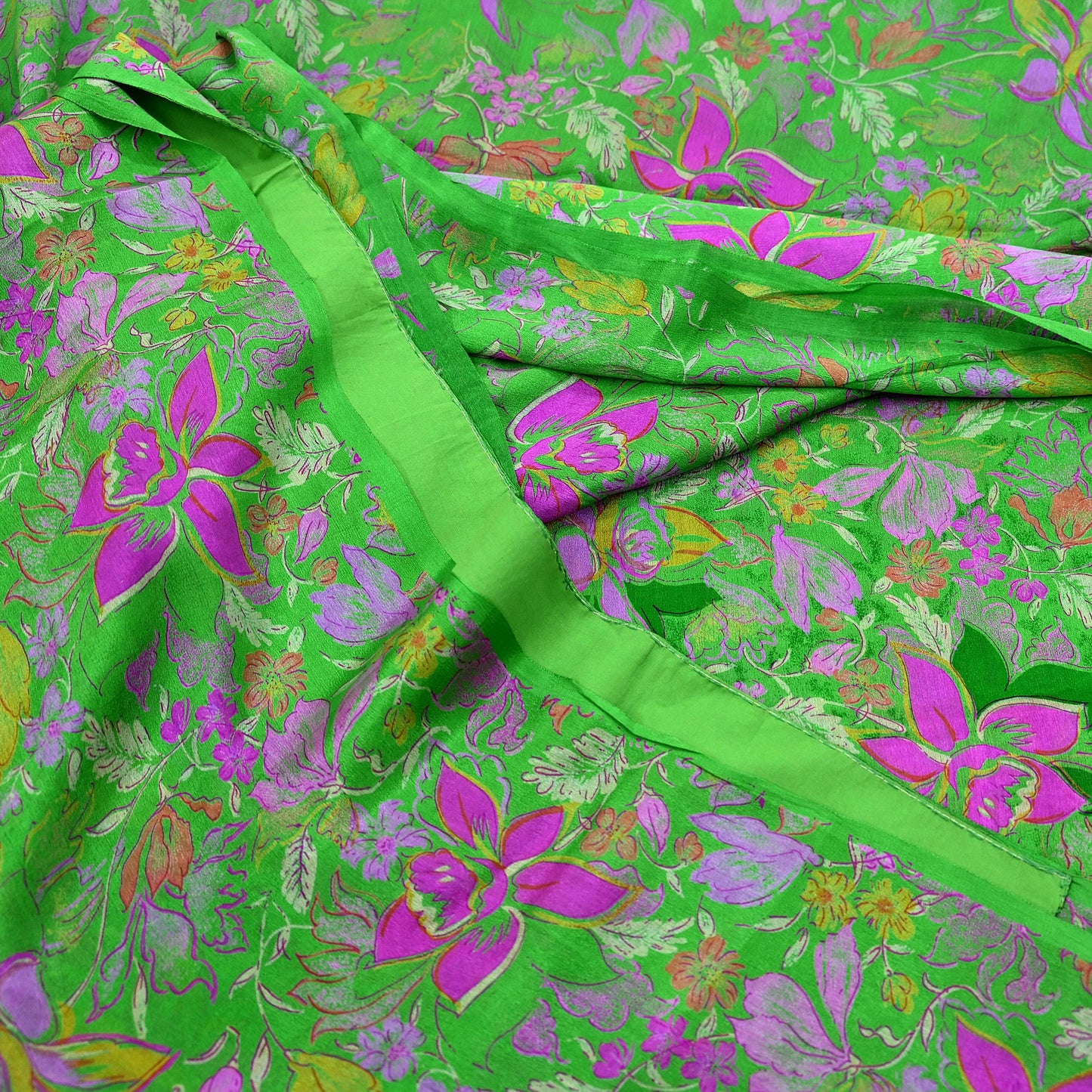 Indian Vintage Sari Green Pure Silk Printed Sarees 6yd Sewing Craft Fabric Dress Making Soft Floral Wrap Upcycle Used Quilting Crafting