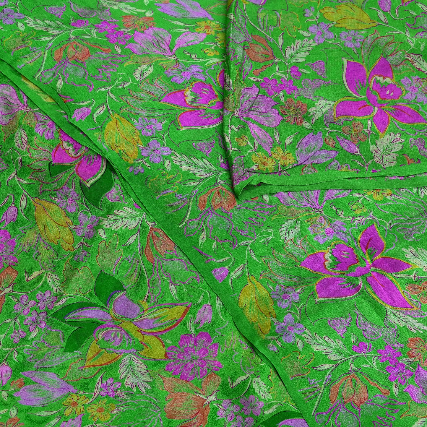 Indian Vintage Sari Green Pure Silk Printed Sarees 6yd Sewing Craft Fabric Dress Making Soft Floral Wrap Upcycle Used Quilting Crafting