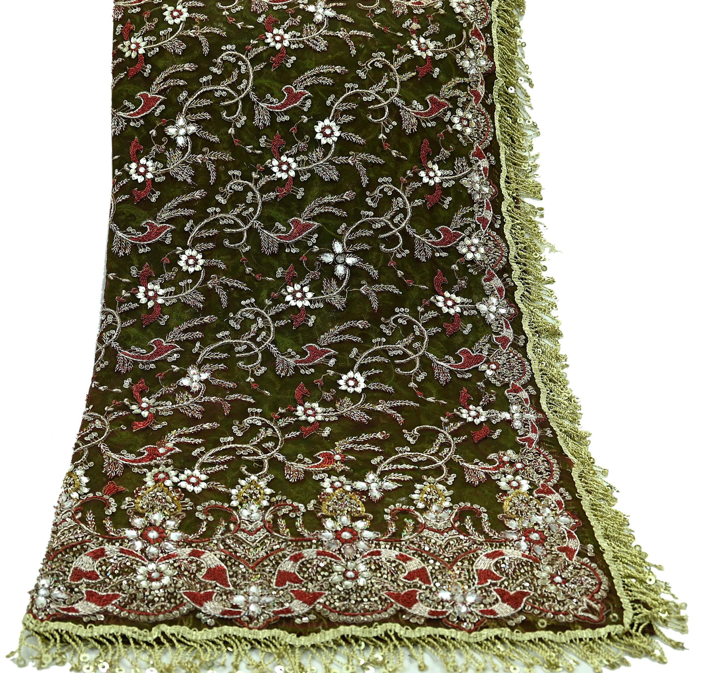 Indian Vintage Heavy Green & Maroon Dupatta Net Mesh Long Stole Hand Embroidered Scarves Zardozi Dabka Zari Bridal/Wedding Veil Fringes