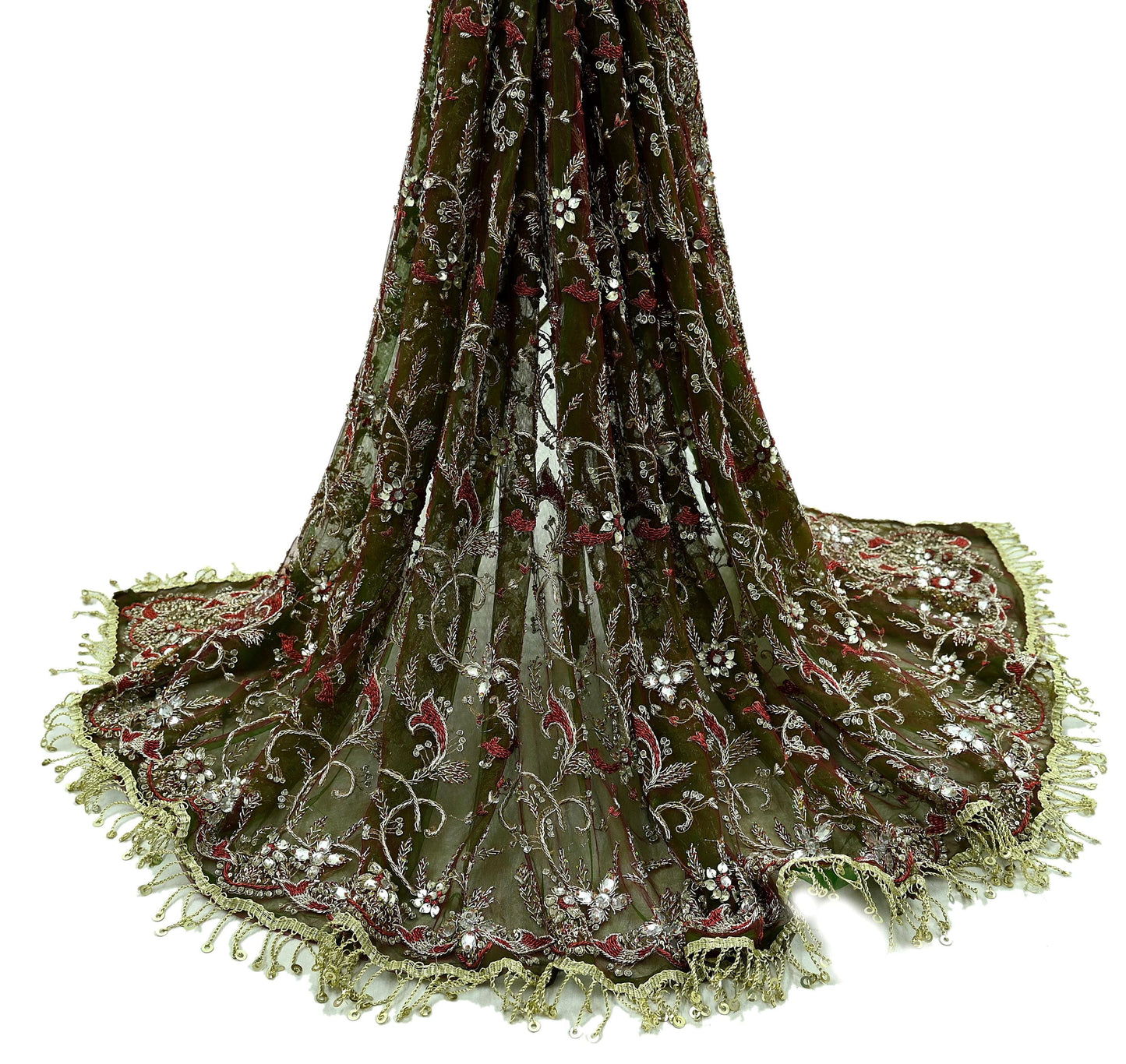 Indian Vintage Heavy Green & Maroon Dupatta Net Mesh Long Stole Hand Embroidered Scarves Zardozi Dabka Zari Bridal/Wedding Veil Fringes