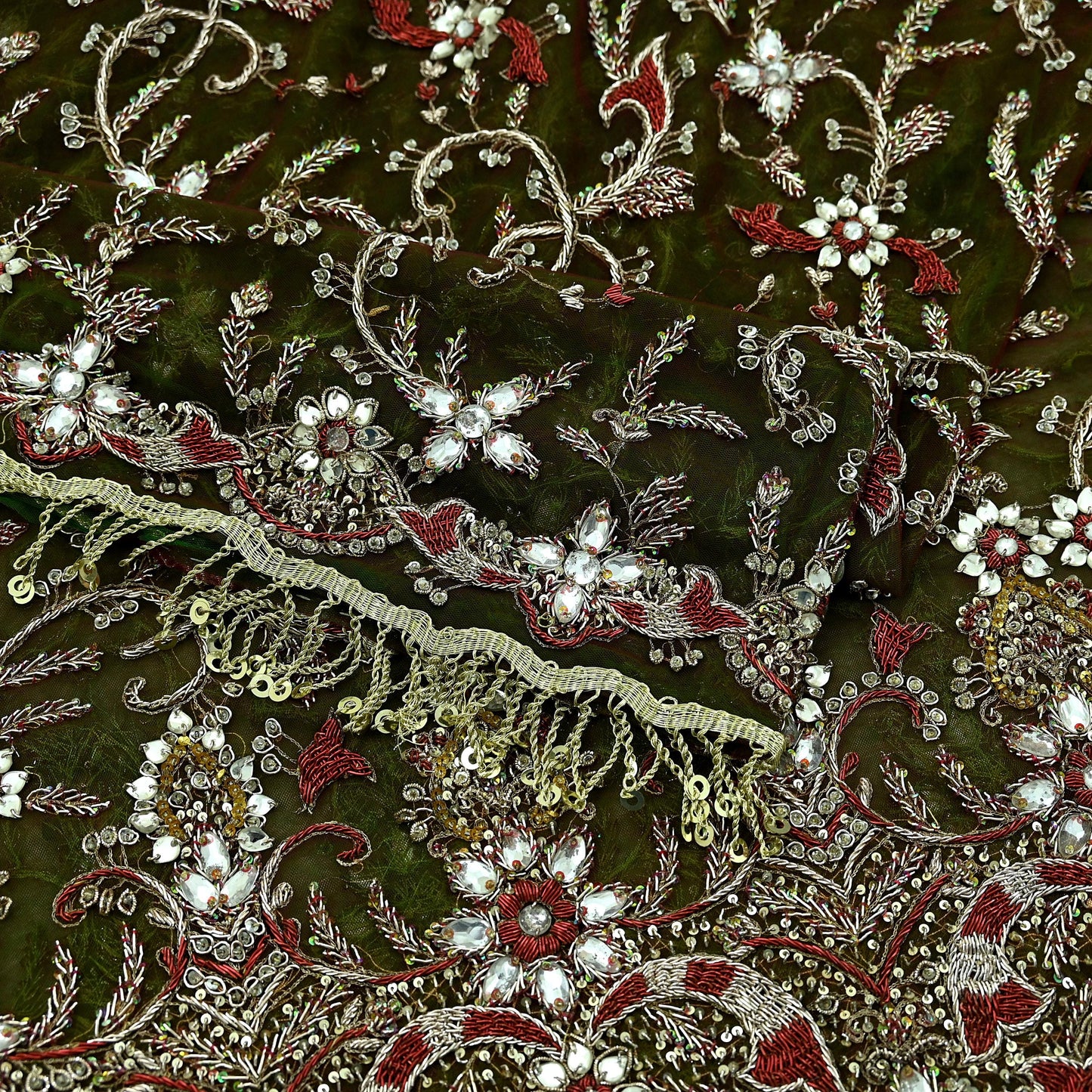 Indian Vintage Heavy Green & Maroon Dupatta Net Mesh Long Stole Hand Embroidered Scarves Zardozi Dabka Zari Bridal/Wedding Veil Fringes