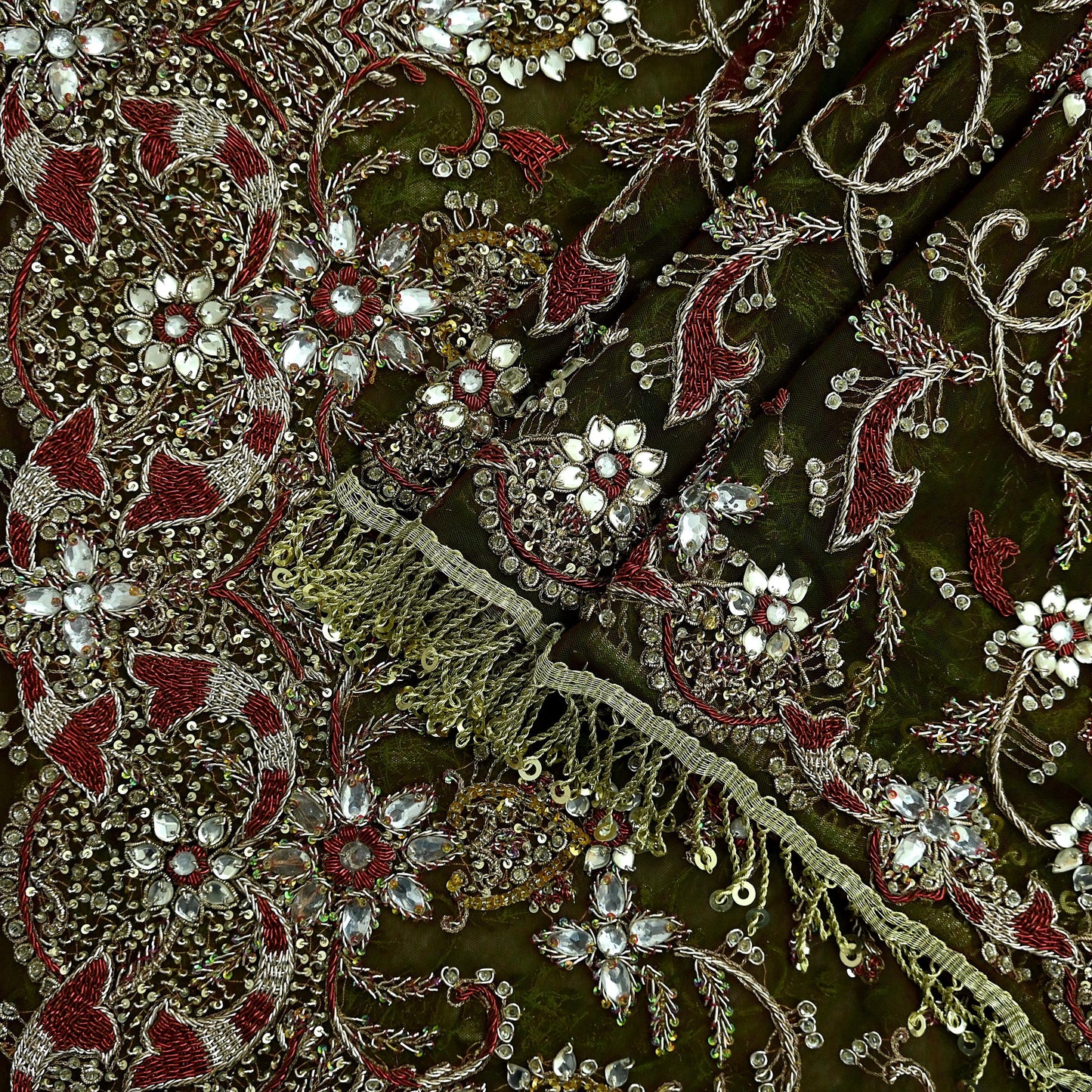 Indian Vintage Heavy Green & Maroon Dupatta Net Mesh Long Stole Hand Embroidered Scarves Zardozi Dabka Zari Bridal/Wedding Veil Fringes