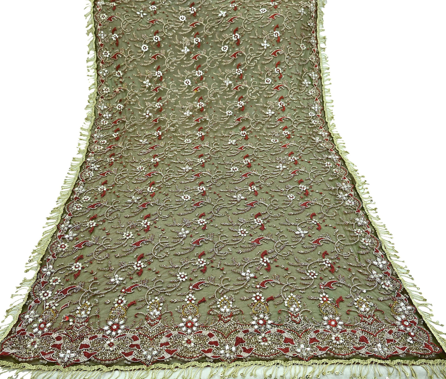 Indian Vintage Heavy Green & Maroon Dupatta Net Mesh Long Stole Hand Embroidered Scarves Zardozi Dabka Zari Bridal/Wedding Veil Fringes
