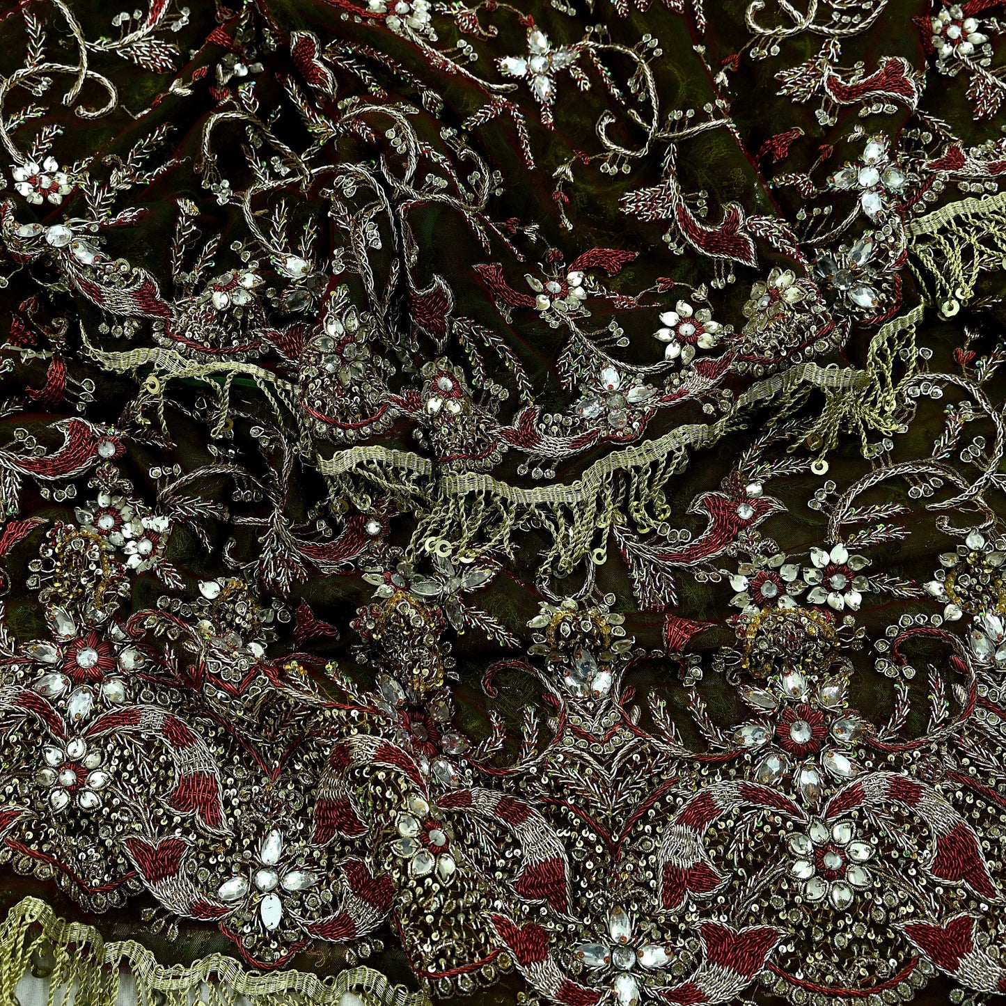 Indian Vintage Heavy Green & Maroon Dupatta Net Mesh Long Stole Hand Embroidered Scarves Zardozi Dabka Zari Bridal/Wedding Veil Fringes
