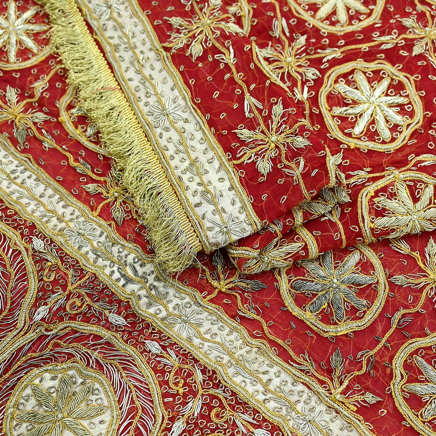 Indian Vintage Heavy Bridal Red Dupatta Pure Chiffon Silk Long Stole Hand Embroidered Scarf Zardozi/Dabka Zari Sequins Wedding Veil Hijab