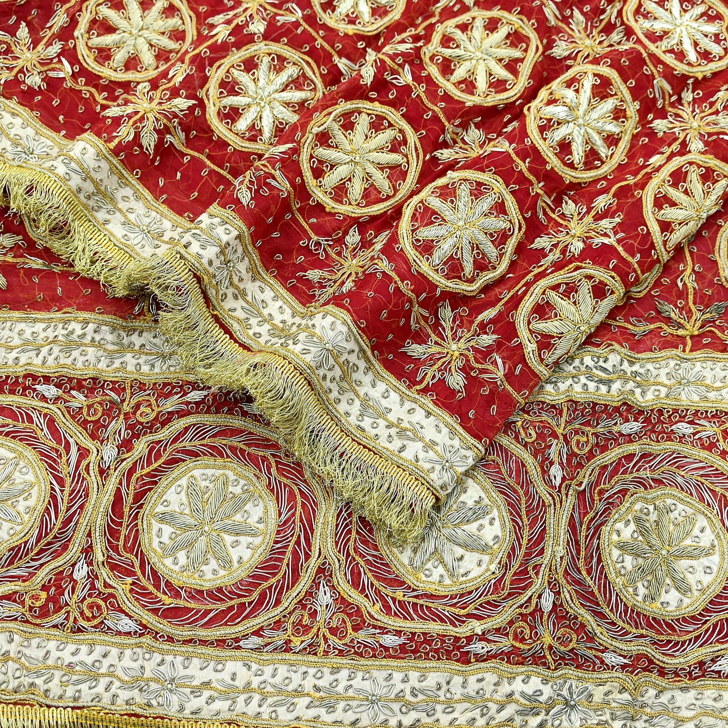 Indian Vintage Heavy Bridal Red Dupatta Pure Chiffon Silk Long Stole Hand Embroidered Scarf Zardozi/Dabka Zari Sequins Wedding Veil Hijab