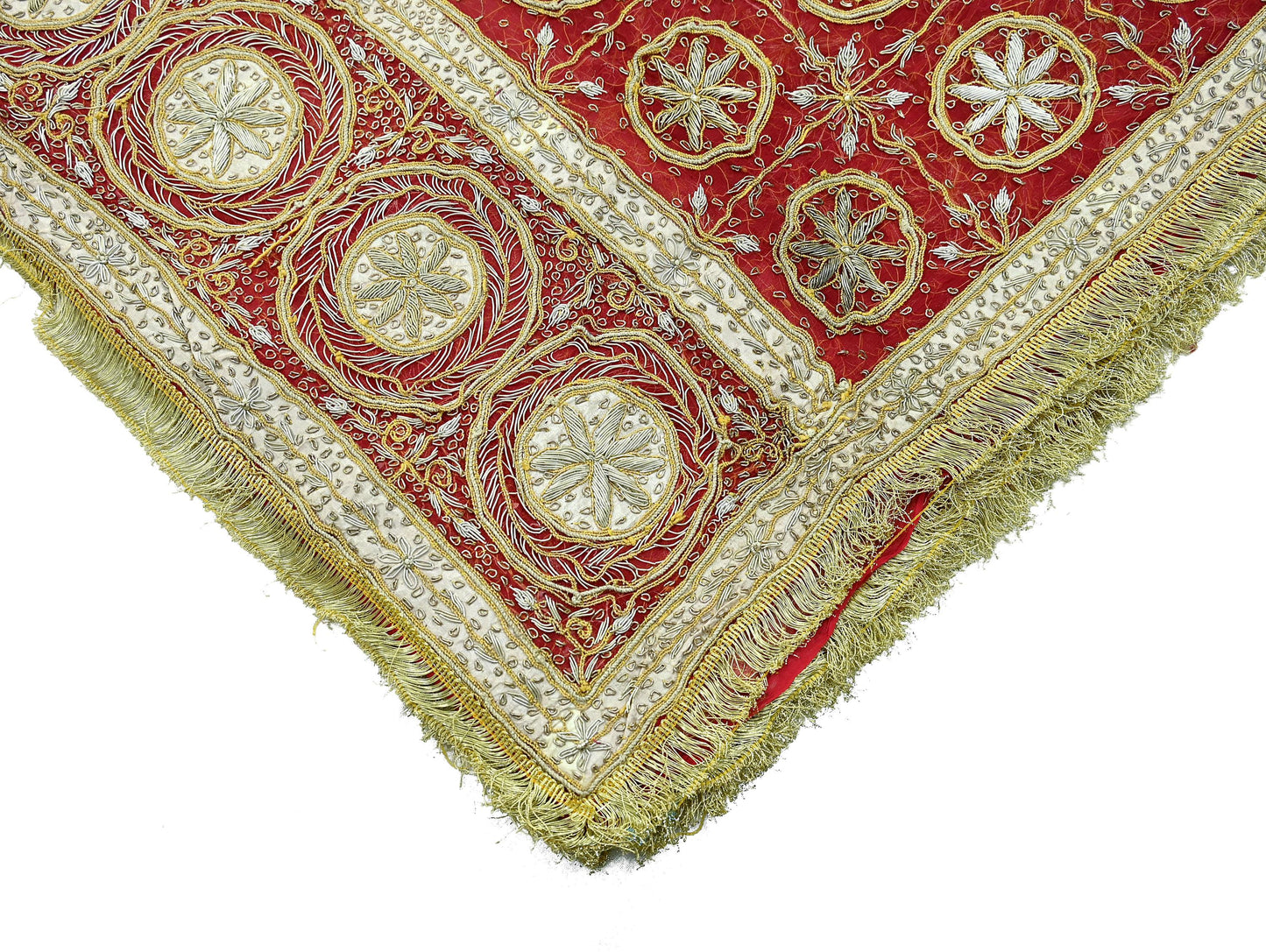 Indian Vintage Heavy Bridal Red Dupatta Pure Chiffon Silk Long Stole Hand Embroidered Scarf Zardozi/Dabka Zari Sequins Wedding Veil Hijab