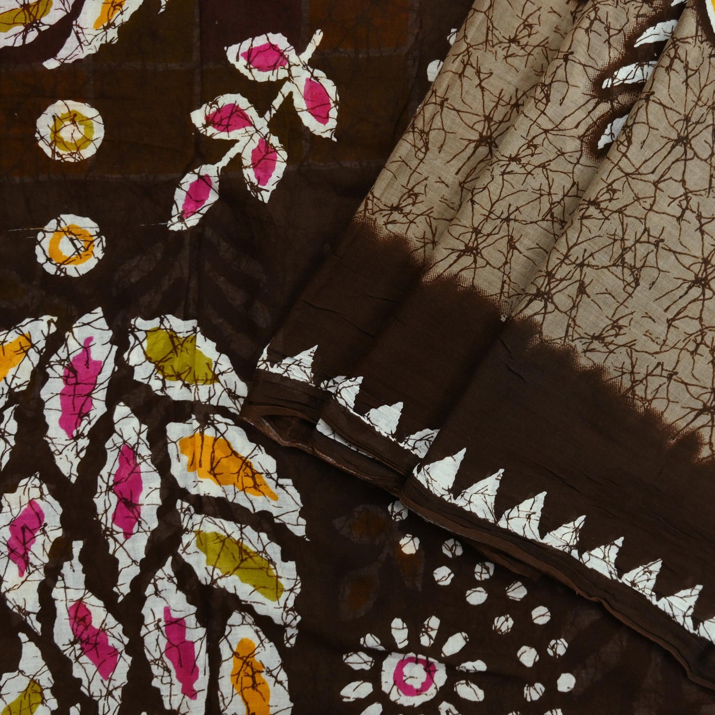 Indian Vintage Sari Brown Batik Printed 100% Pure Cotton Saree Craft Fabric 5Yd Soft Sewing Sarong Wrap Boho Dress making Crafting