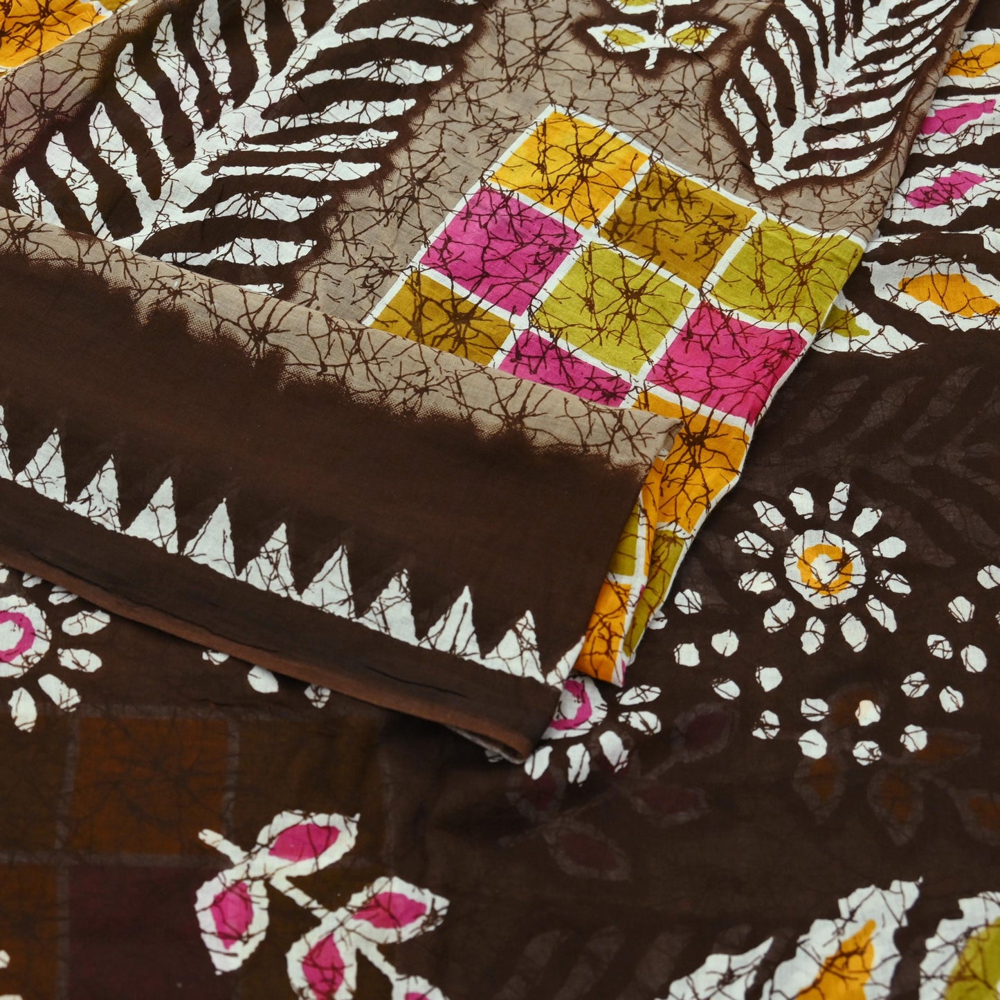 Indian Vintage Sari Brown Batik Printed 100% Pure Cotton Saree Craft Fabric 5Yd Soft Sewing Sarong Wrap Boho Dress making Crafting