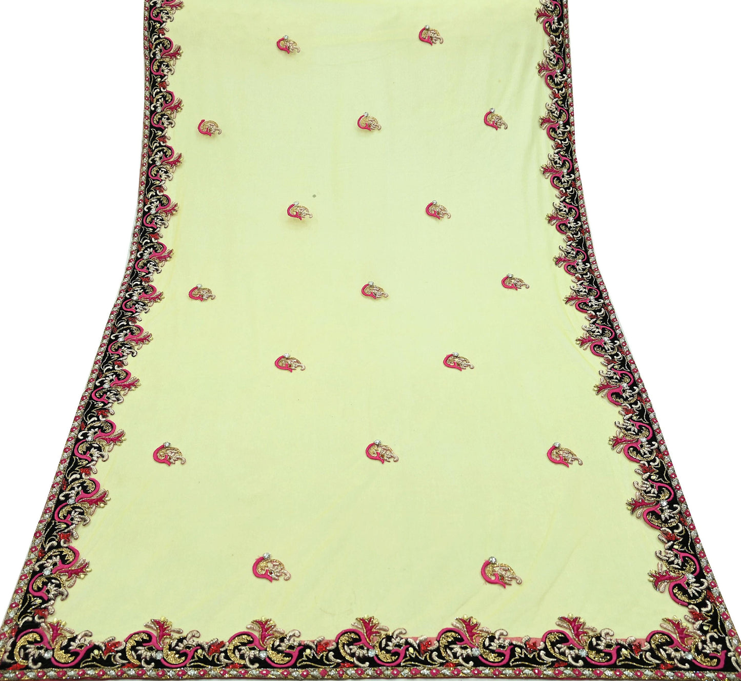 Indian Vintage Heavy Yellow Dupatta Net Mesh Long Stole Hand Embroidered Scarves Golden Zardozi Dabka Zari Stole