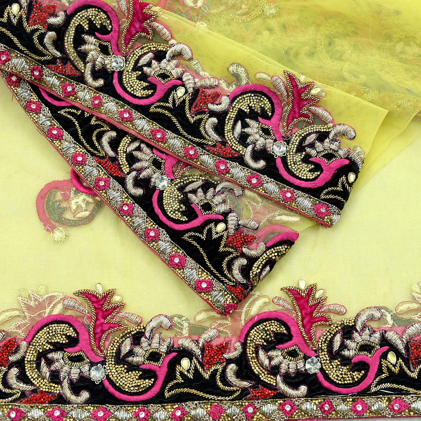 Indian Vintage Heavy Yellow Dupatta Net Mesh Long Stole Hand Embroidered Scarves Golden Zardozi Dabka Zari Stole