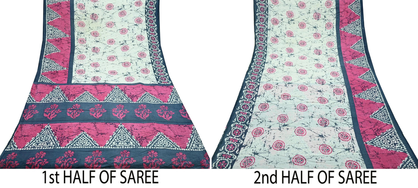 Indian Vintage Sari Gray & Pink Batik Printed Saree 100% Pure Cotton 5Yd Craft Fabric Soft Sewing Sarong Wrap Boho Quilting Dress Making