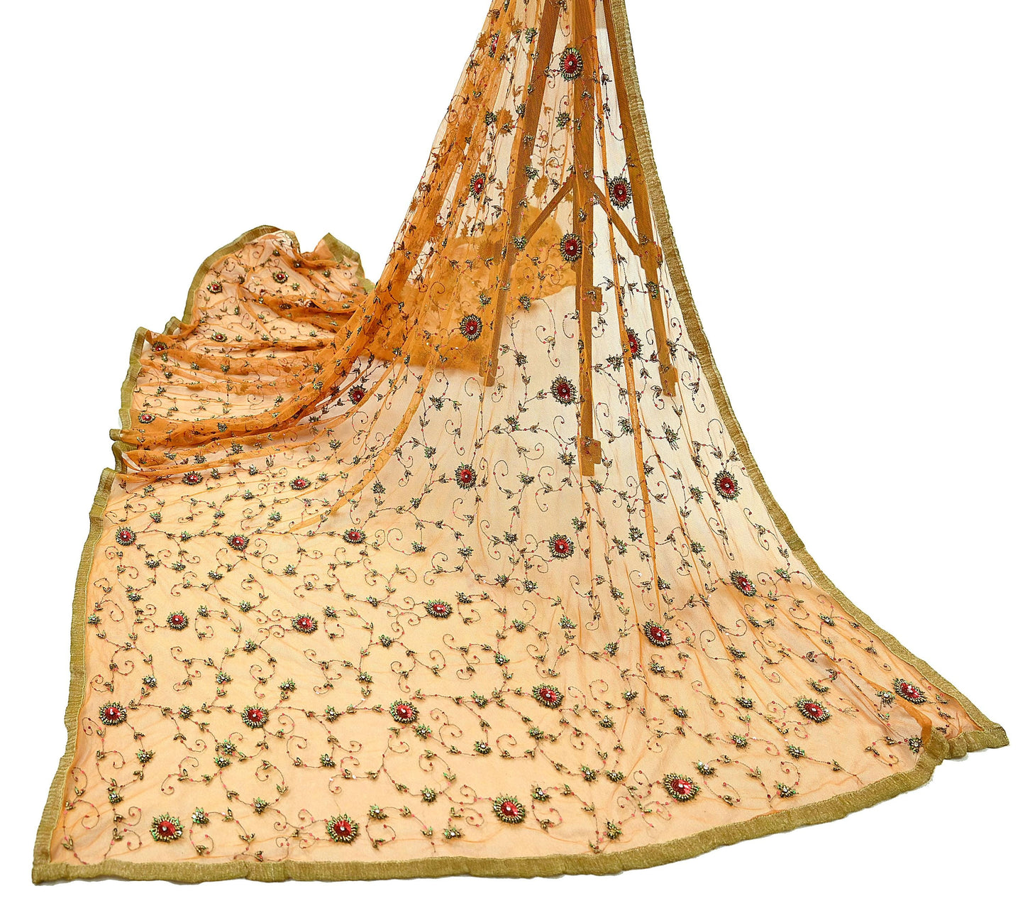 Indian Vintage Heavy Orange Dupatta Net Mesh Long Stole Hand Embroidered Scarves Glass Beaded Golden Sequins Wedding/ Bridal Veil Hijab