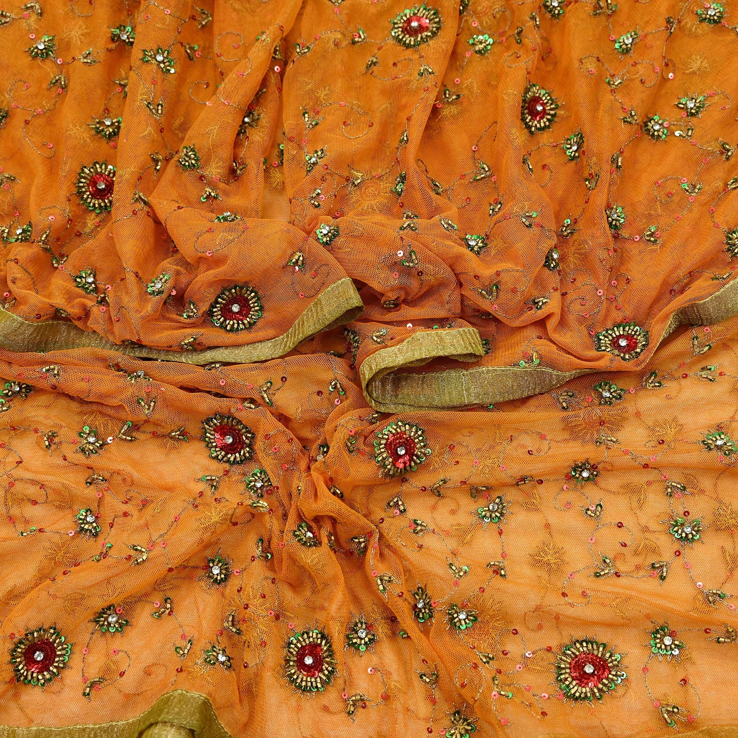Indian Vintage Heavy Orange Dupatta Net Mesh Long Stole Hand Embroidered Scarves Glass Beaded Golden Sequins Wedding/ Bridal Veil Hijab
