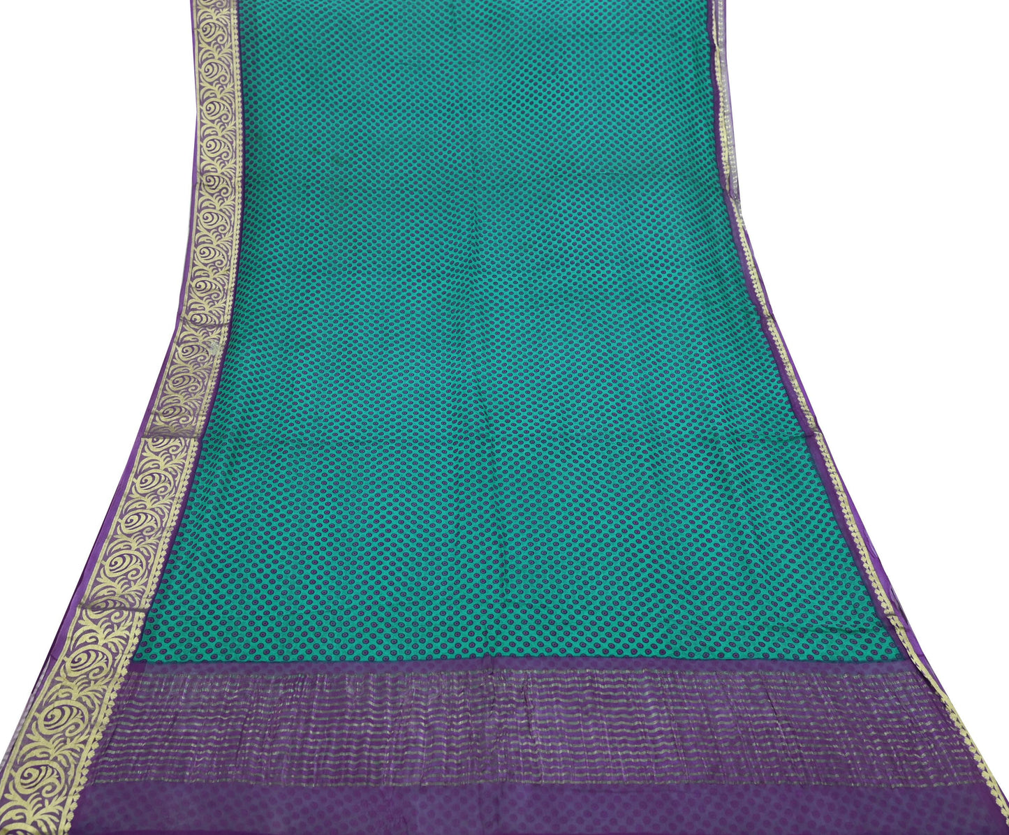 Indian Vintage Sari Green & Purple Pure Chiffon Silk Printed Sarees 5Yd Craft Fabric Sewing Soft Zari Border Dress Making Upcycle Quilting