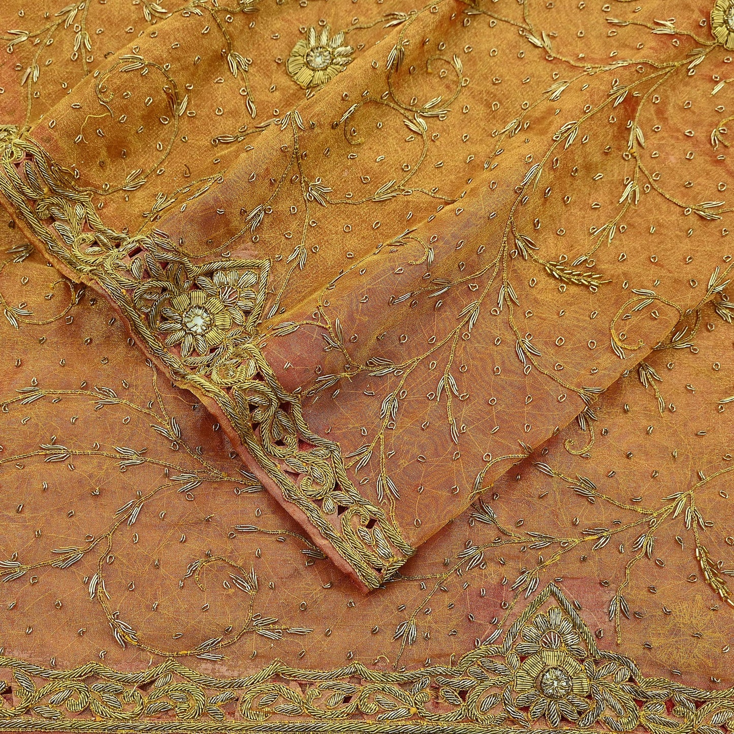 Indian Vintage Heavy Golden Dupatta Pure Tissue Silk Long Stole Hand Embroidered Scarves Zari Zardozi/Dabka