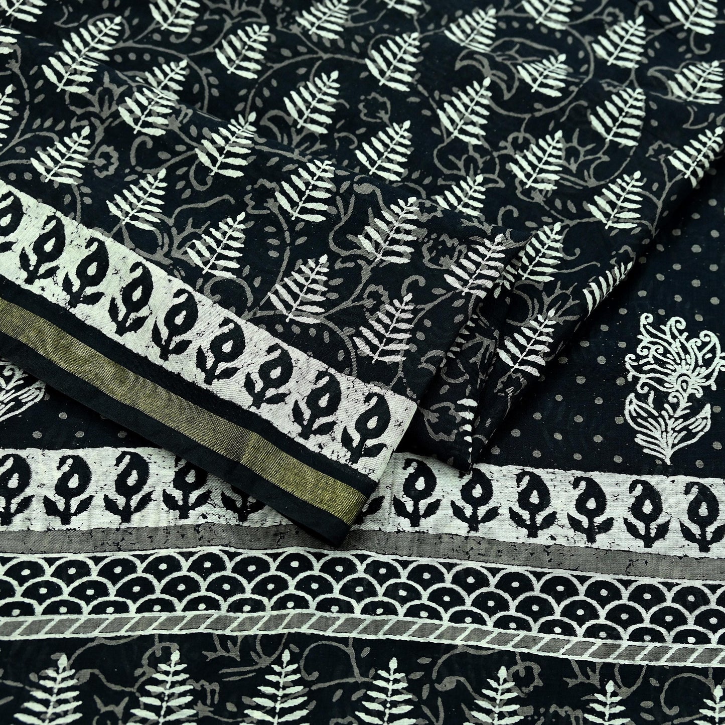Indian Vintage Sari Black Pure chanderi Silk Bagru Printed Sarees Fabric 5Yd Floral Soft Golden Zari Border Ethnic Dress making Upcycle