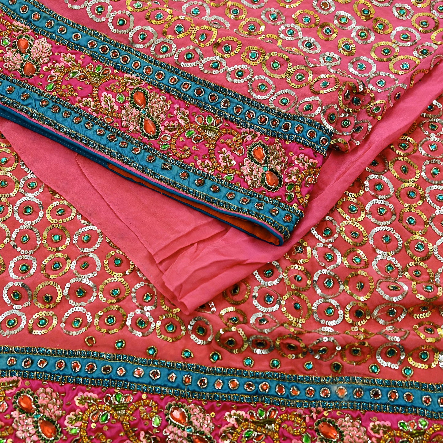 Indian Vintage Pink Saree Pure Crepe Silk Hand Embroidered Sari Fabric 5Yd Sewing Soft Zardozi/Dabka Sequins