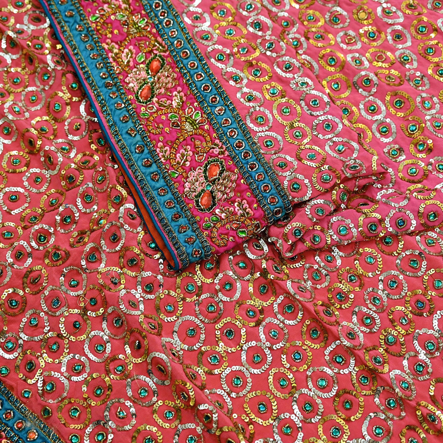 Indian Vintage Pink Saree Pure Crepe Silk Hand Embroidered Sari Fabric 5Yd Sewing Soft Zardozi/Dabka Sequins