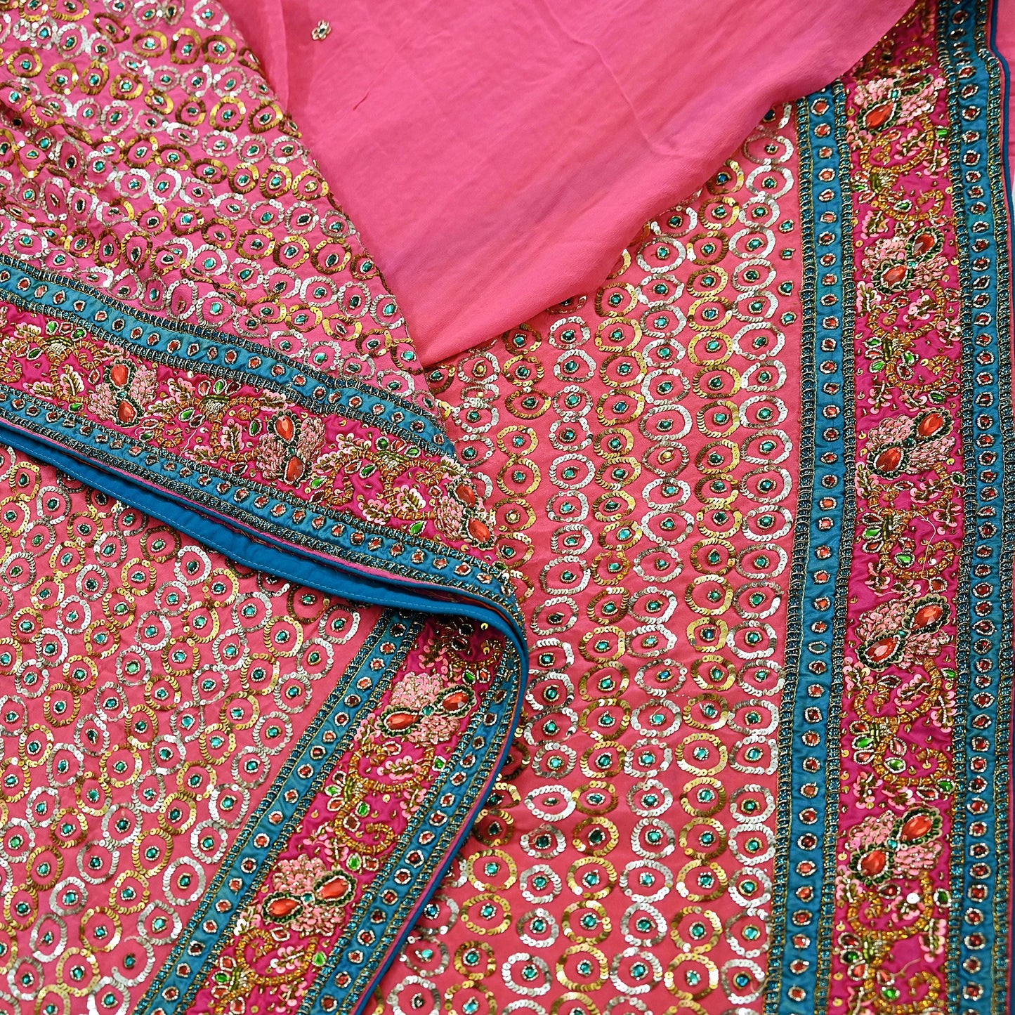 Indian Vintage Pink Saree Pure Crepe Silk Hand Embroidered Sari Fabric 5Yd Sewing Soft Zardozi/Dabka Sequins