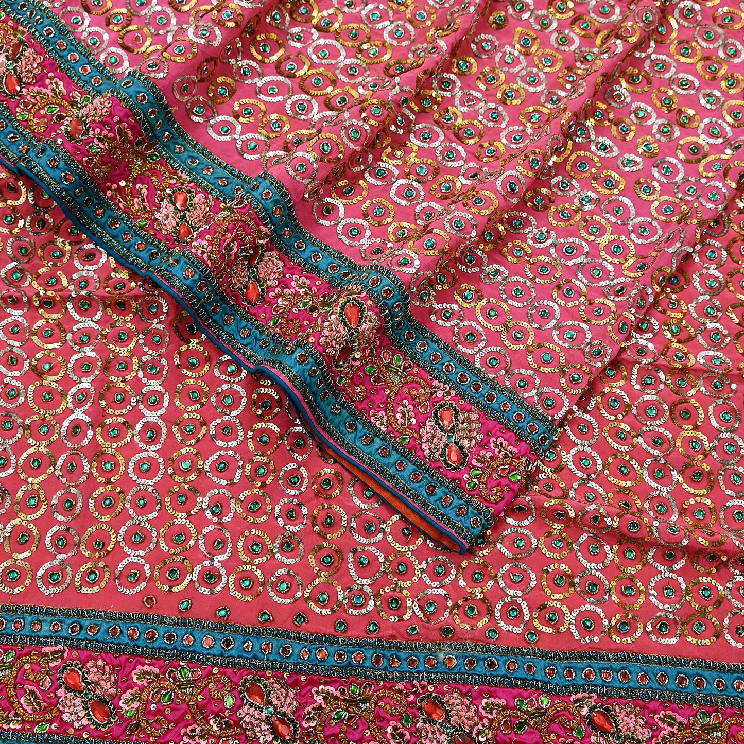 Indian Vintage Pink Saree Pure Crepe Silk Hand Embroidered Sari Fabric 5Yd Sewing Soft Zardozi/Dabka Sequins
