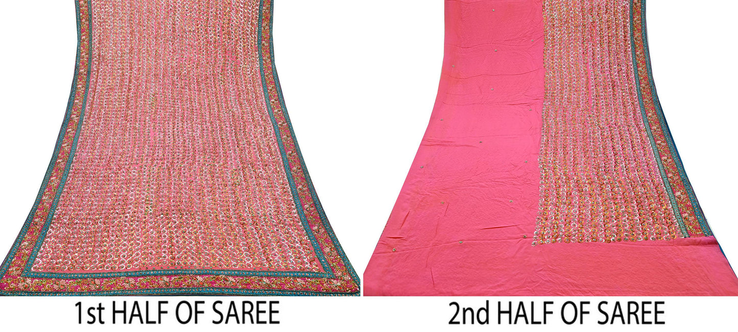 Indian Vintage Pink Saree Pure Crepe Silk Hand Embroidered Sari Fabric 5Yd Sewing Soft Zardozi/Dabka Sequins