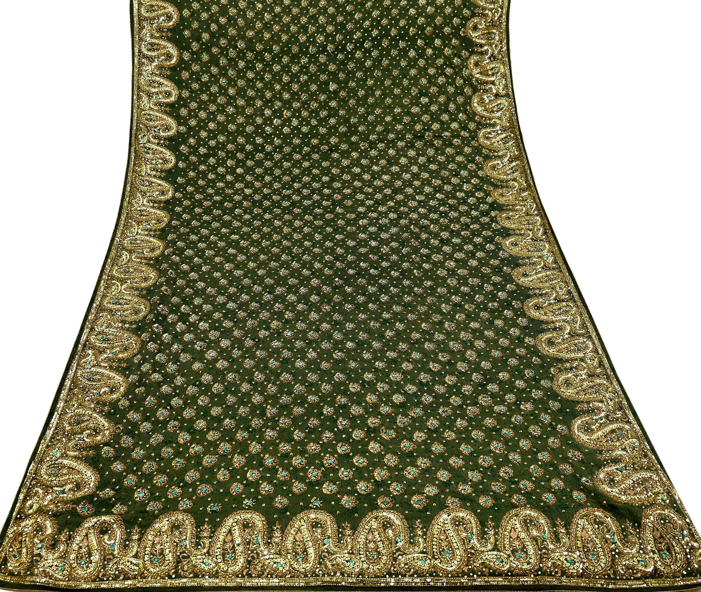 Indian Vintage Heavy Sarees Green Pure Georgette Silk Hand Embroidered Sari Fabric 5Yd Sewing Ethnic Zardozi/dabka zari Wedding sarees