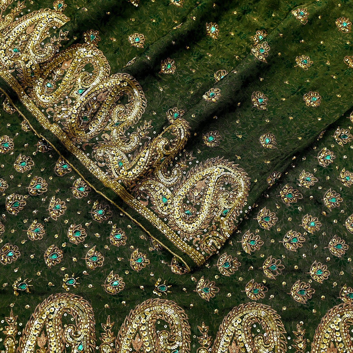 Indian Vintage Heavy Sarees Green Pure Georgette Silk Hand Embroidered Sari Fabric 5Yd Sewing Ethnic Zardozi/dabka zari Wedding sarees