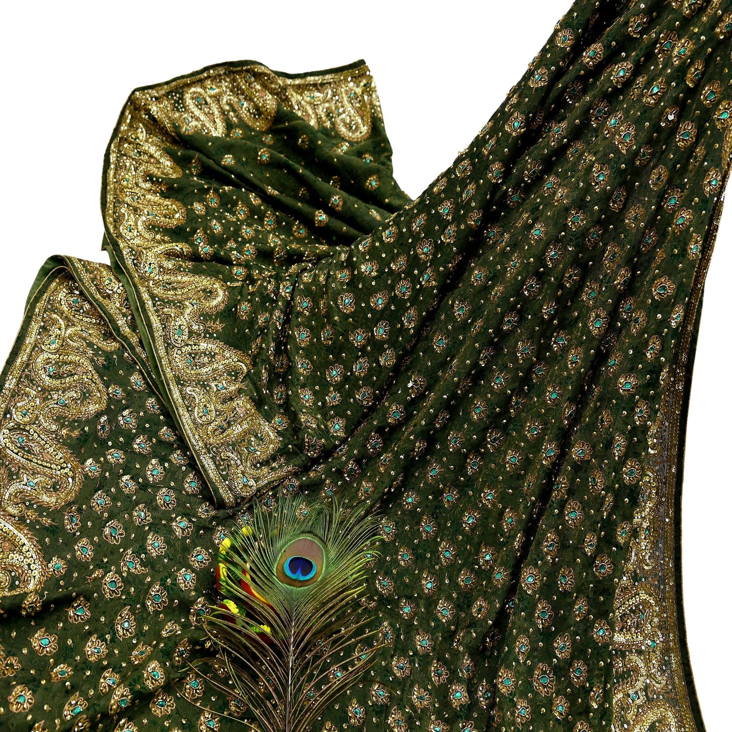 Indian Vintage Heavy Sarees Green Pure Georgette Silk Hand Embroidered Sari Fabric 5Yd Sewing Ethnic Zardozi/dabka zari Wedding sarees