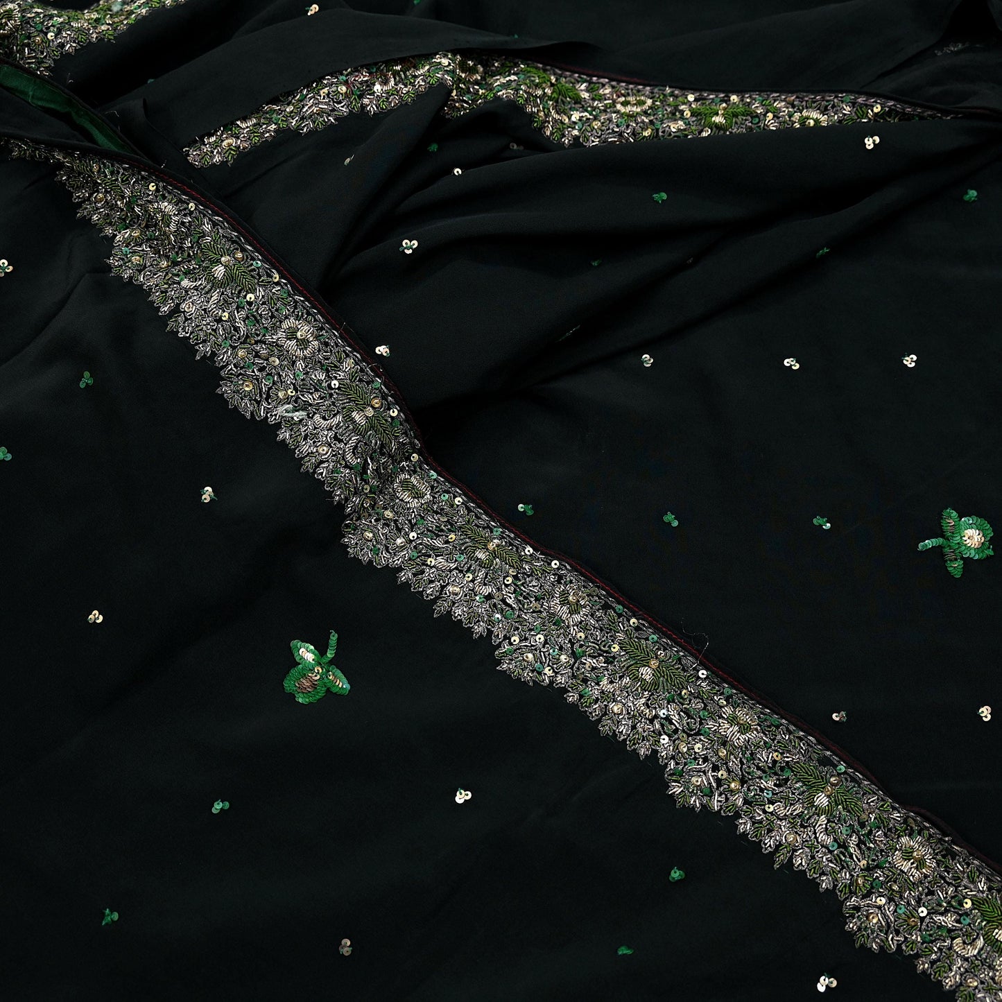 Indian Vintage Black Saree Pure Crepe Silk Hand Embroidered Sari Craft Fabric 5Yd Sewing Soft Zardozi/Dabka Dress making With Blouse Pcs