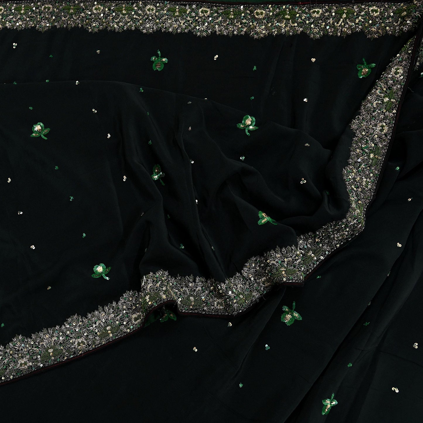 Indian Vintage Black Saree Pure Crepe Silk Hand Embroidered Sari Craft Fabric 5Yd Sewing Soft Zardozi/Dabka Dress making With Blouse Pcs