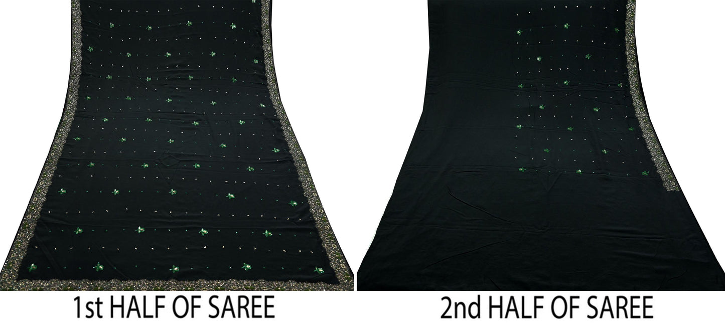 Indian Vintage Black Saree Pure Crepe Silk Hand Embroidered Sari Craft Fabric 5Yd Sewing Soft Zardozi/Dabka Dress making With Blouse Pcs