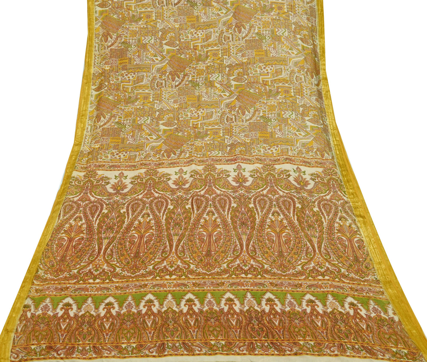 Indian Vintage Sari Ivory Pure Silk Printed Sarees Fabric 6yd Sewing Zari Border Craft Fabric DressMaking Soft Crafting Quilting