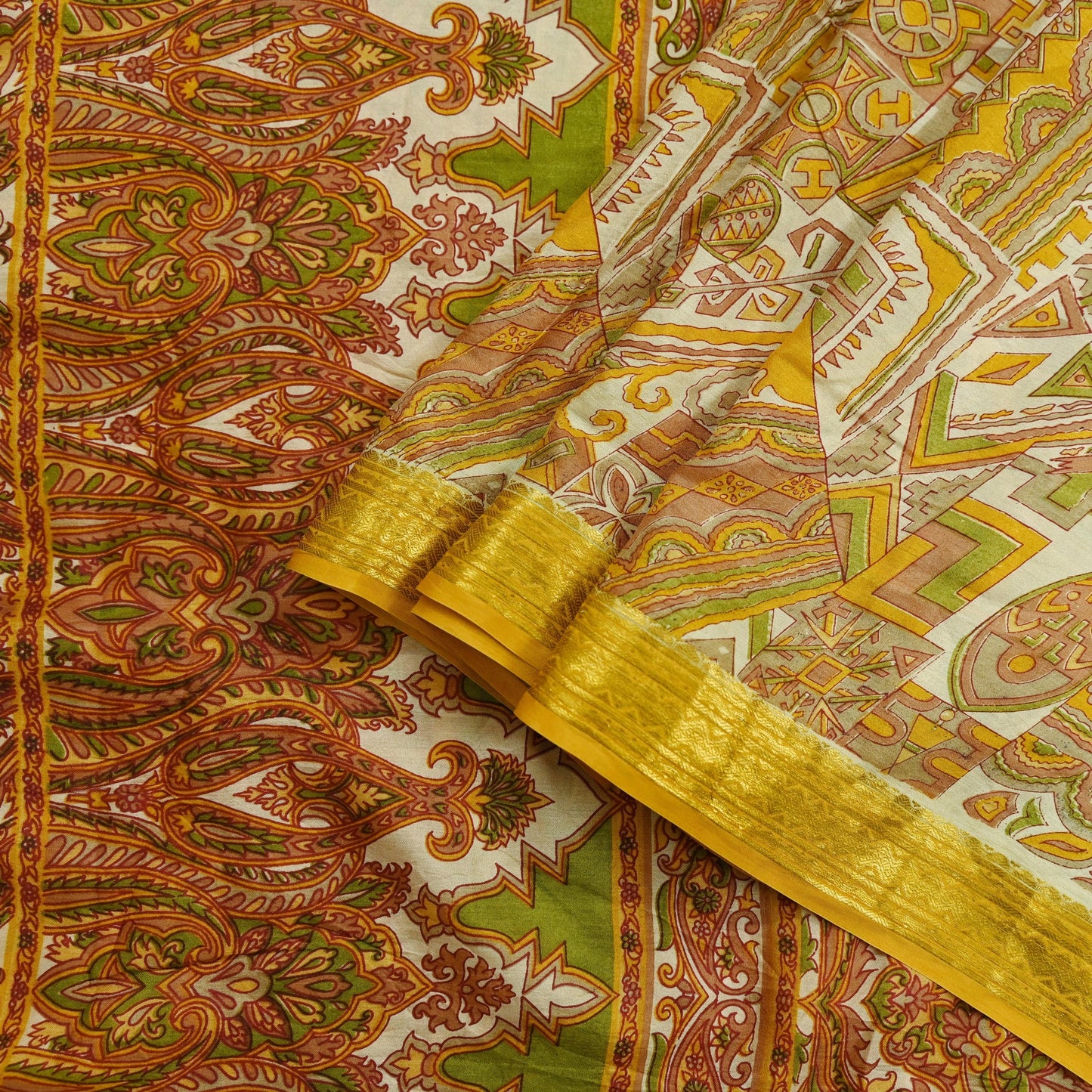 Indian Vintage Sari Ivory Pure Silk Printed Sarees Fabric 6yd Sewing Zari Border Craft Fabric DressMaking Soft Crafting Quilting