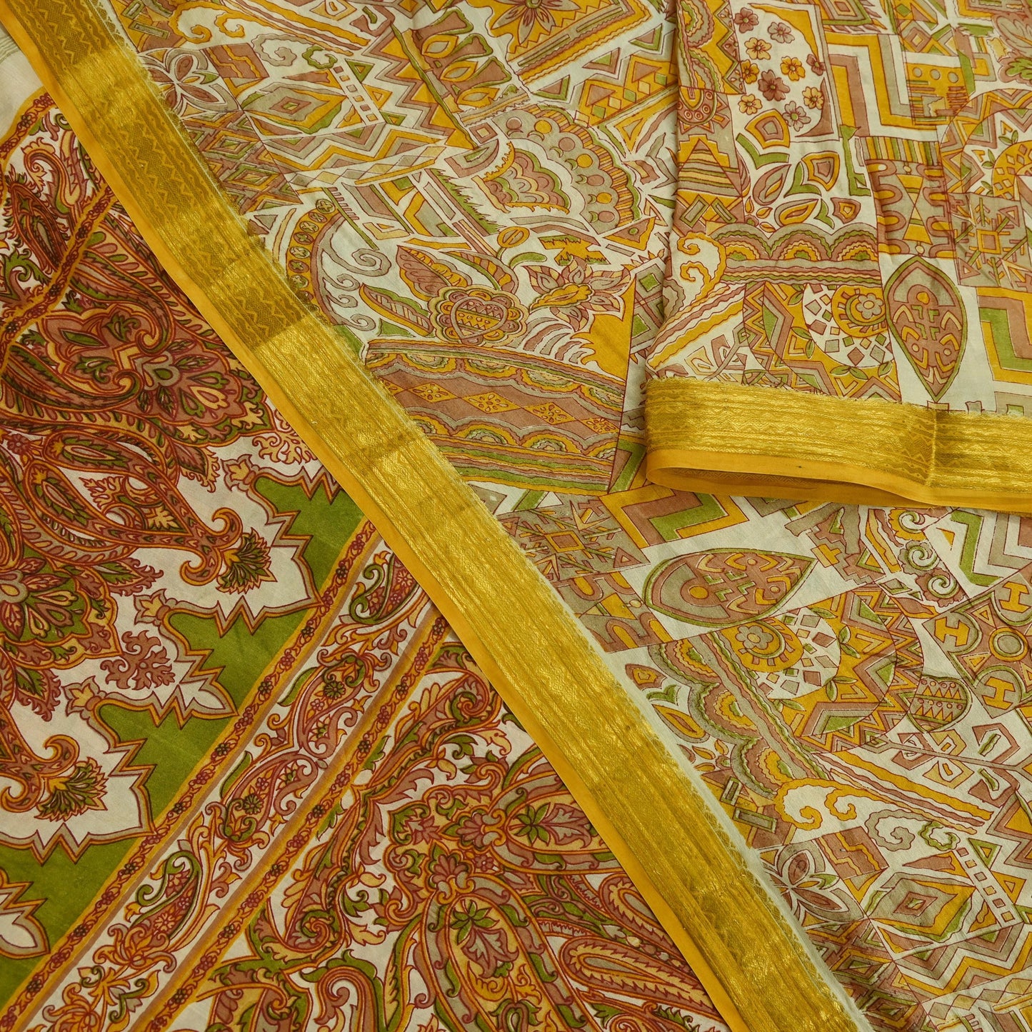 Indian Vintage Sari Ivory Pure Silk Printed Sarees Fabric 6yd Sewing Zari Border Craft Fabric DressMaking Soft Crafting Quilting