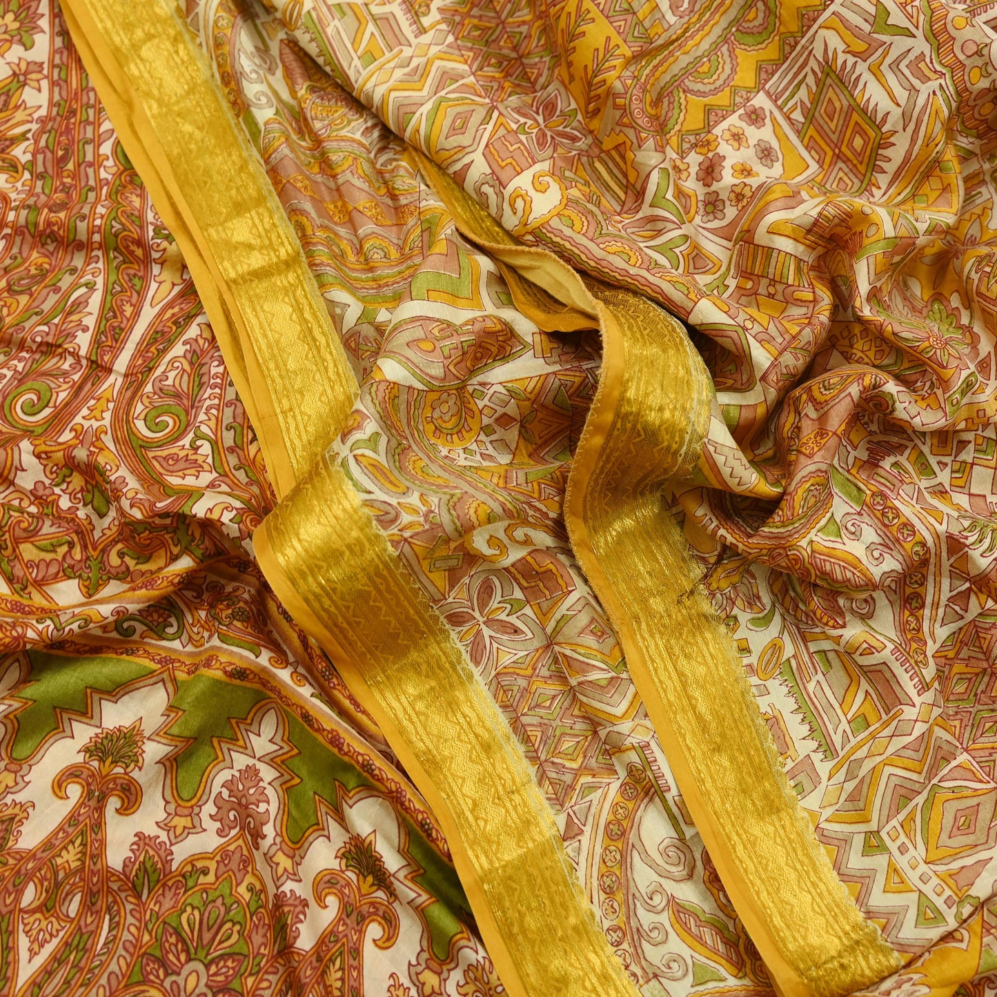 Indian Vintage Sari Ivory Pure Silk Printed Sarees Fabric 6yd Sewing Zari Border Craft Fabric DressMaking Soft Crafting Quilting