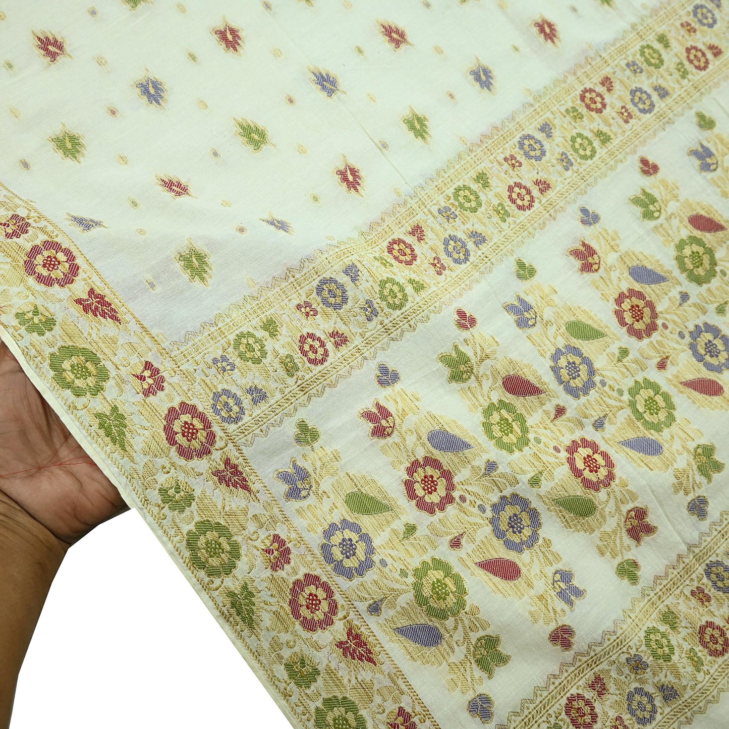 Indian Vintage Dupatta White Long Stole Pure Silk Hand Woven Scarves Veil Scarf Wrap Floral