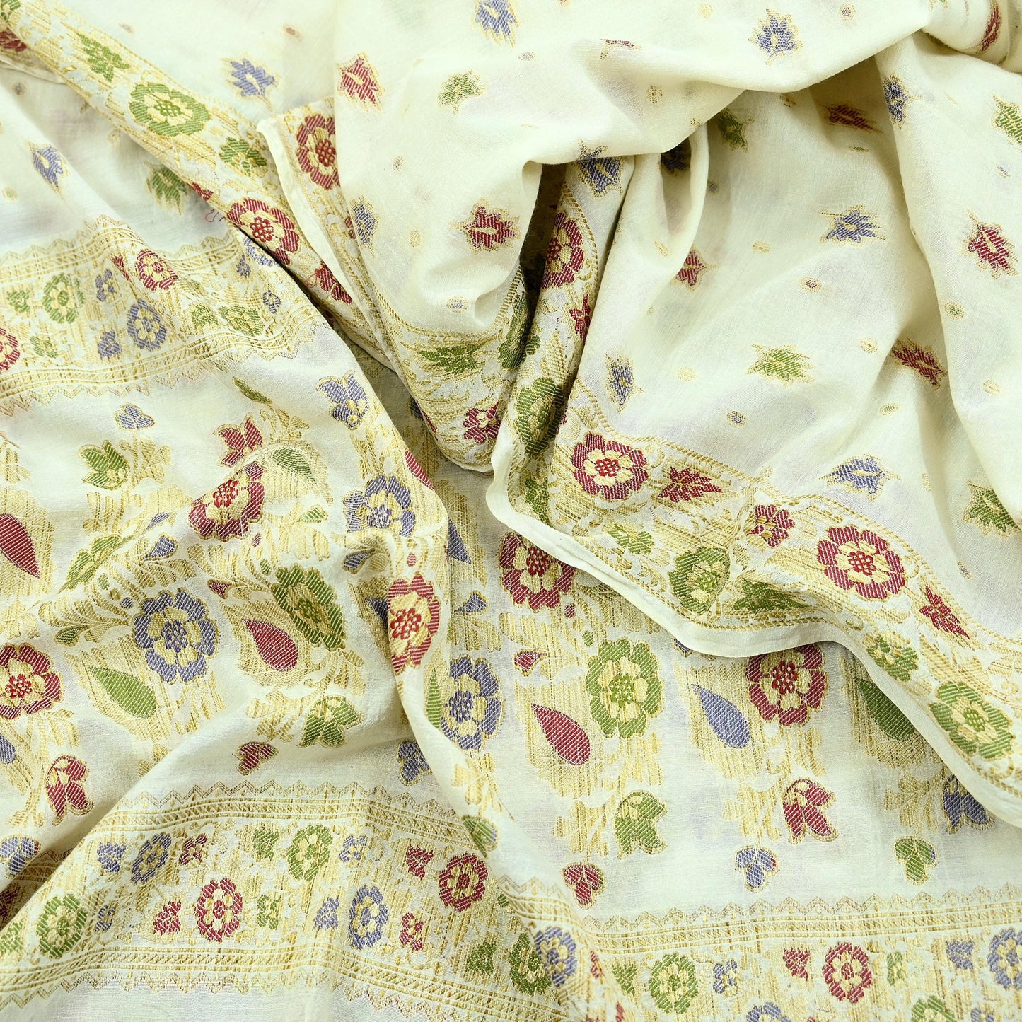 Indian Vintage Dupatta White Long Stole Pure Silk Hand Woven Scarves Veil Scarf Wrap Floral