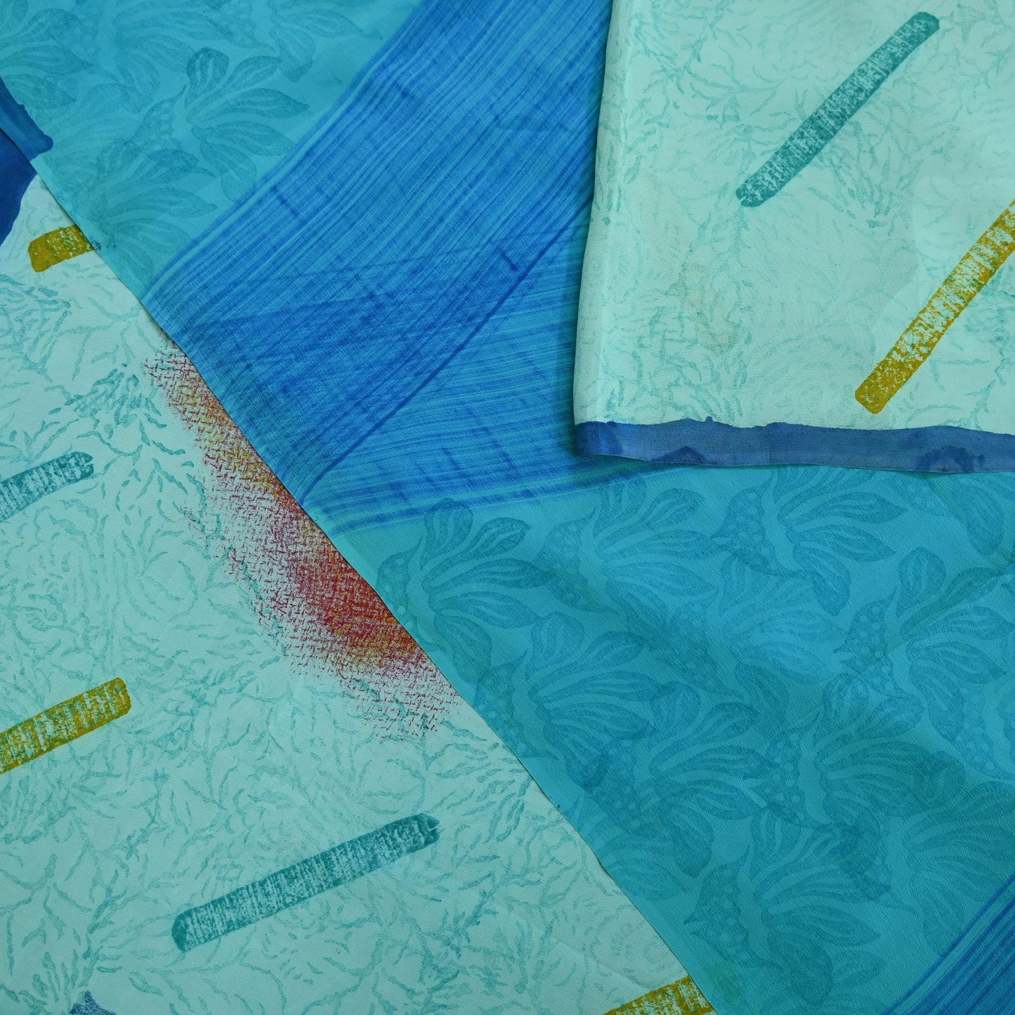 Indian Vintage Sari Blue & Green Pure Crepe Silk Printed Saree 5yd Sewing Soft Craft Fabric Wrap Dress making Quilting Crafting Upcycle