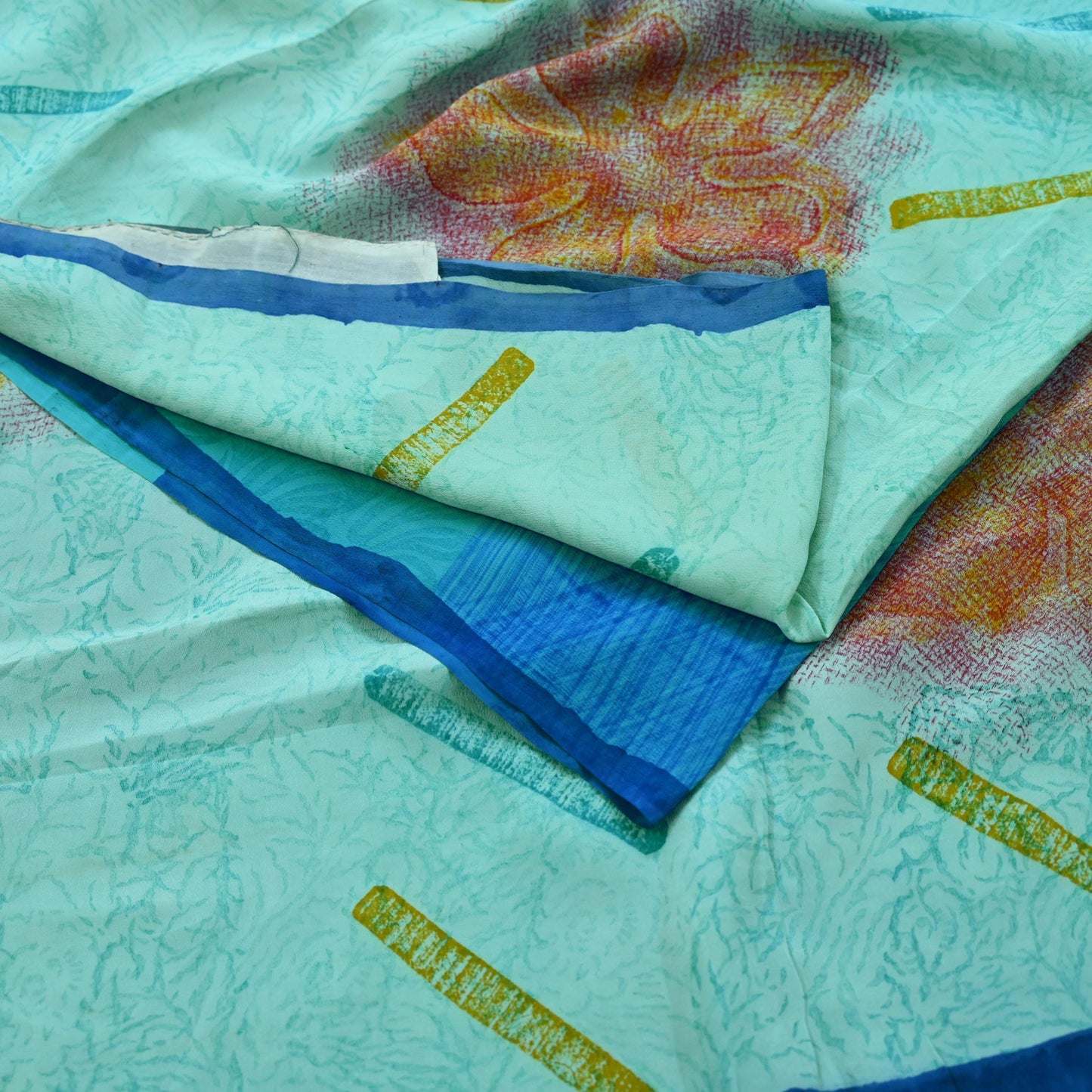Indian Vintage Sari Blue & Green Pure Crepe Silk Printed Saree 5yd Sewing Soft Craft Fabric Wrap Dress making Quilting Crafting Upcycle