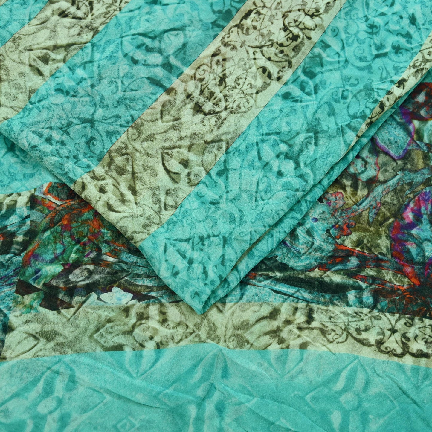Women Vintage Sari Green Pure Georgette Silk Printed Saree Craft Fabric Sewing 5Yard Soft Light Dress Making Floral