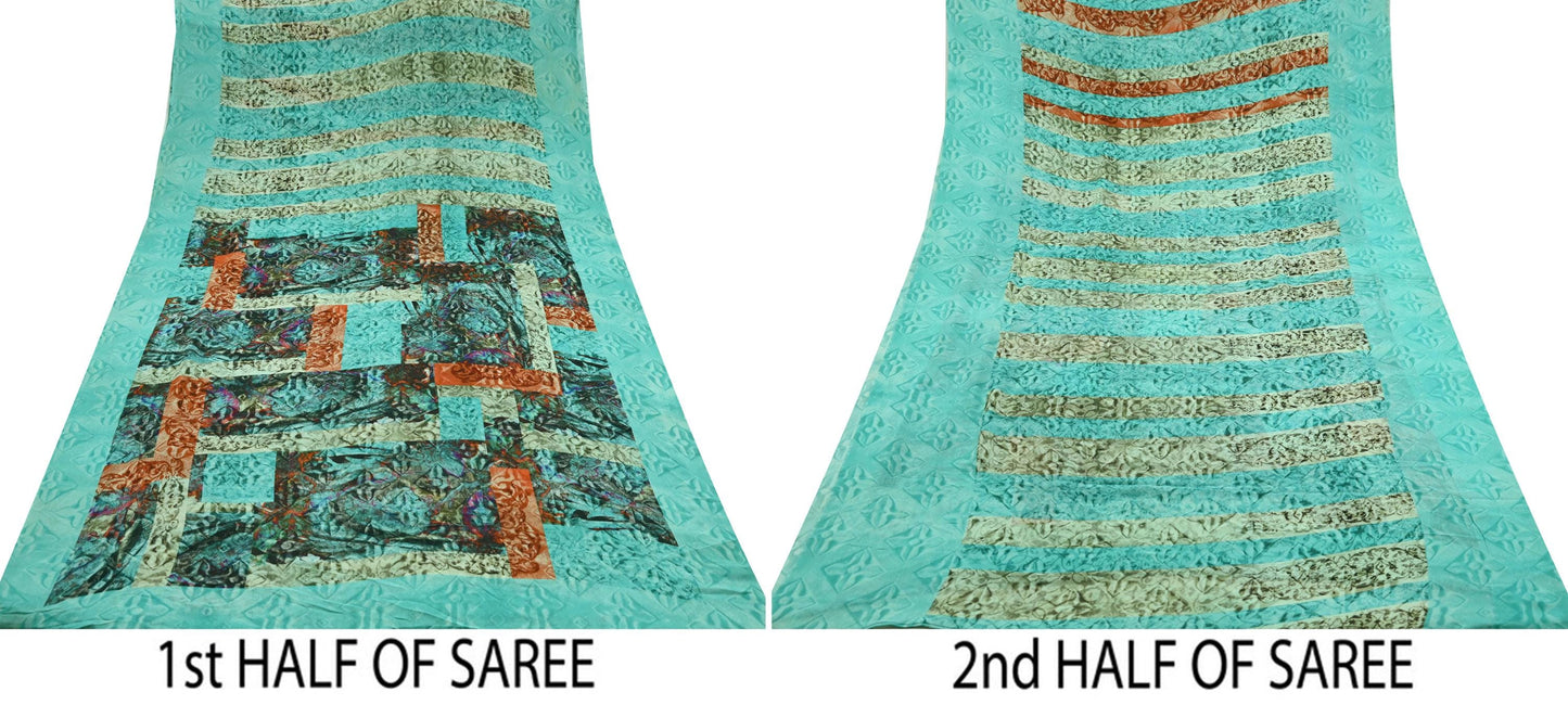 Women Vintage Sari Green Pure Georgette Silk Printed Saree Craft Fabric Sewing 5Yard Soft Light Dress Making Floral