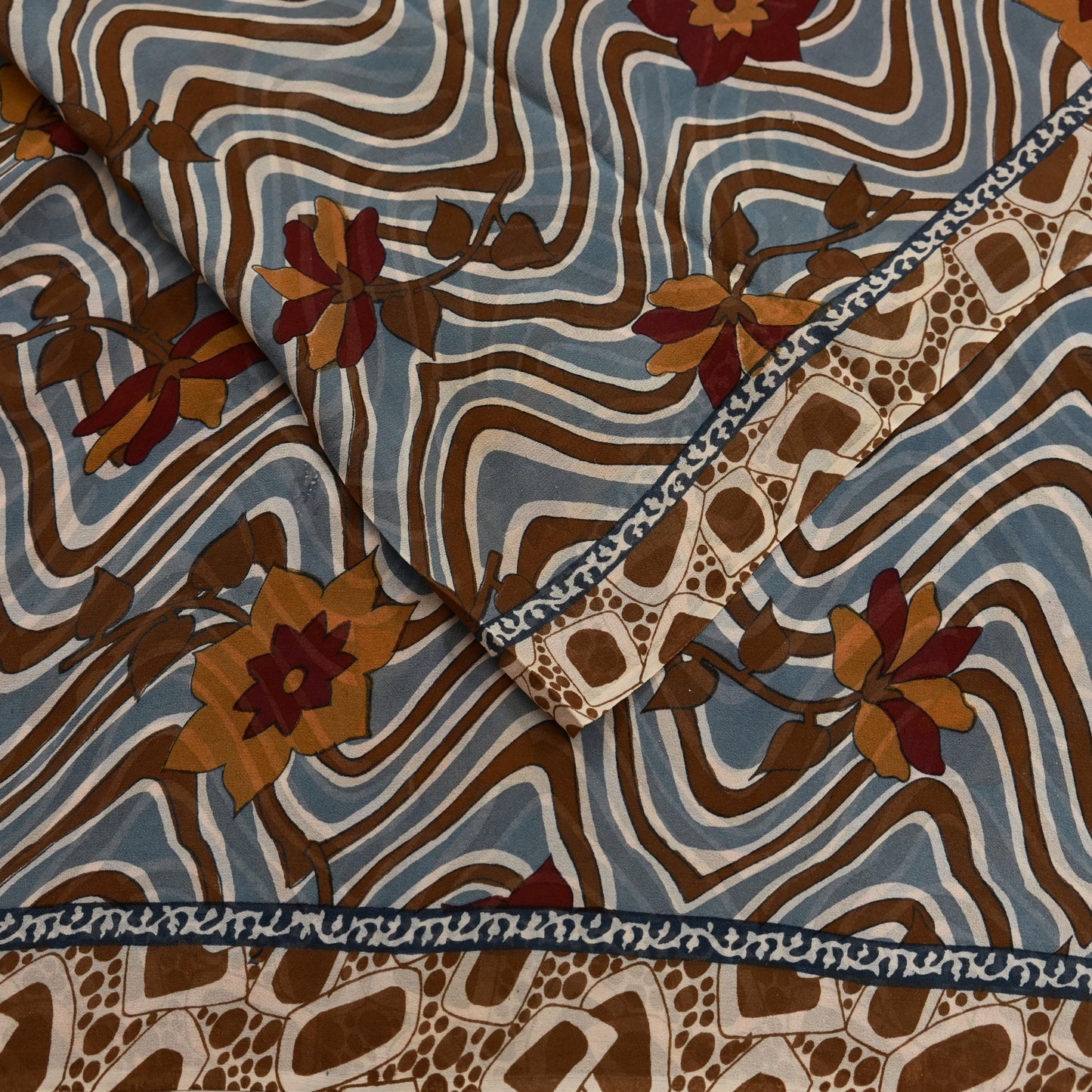 Indian Vintage Sari Beige Pure Georgette Silk Printed Sarees 5Yd Craft Fabric Sewing Quilting Dress making Crafting Quilting Upcycle