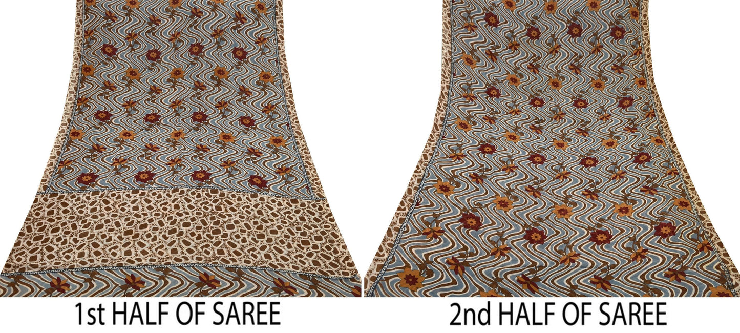 Indian Vintage Sari Beige Pure Georgette Silk Printed Sarees 5Yd Craft Fabric Sewing Quilting Dress making Crafting Quilting Upcycle