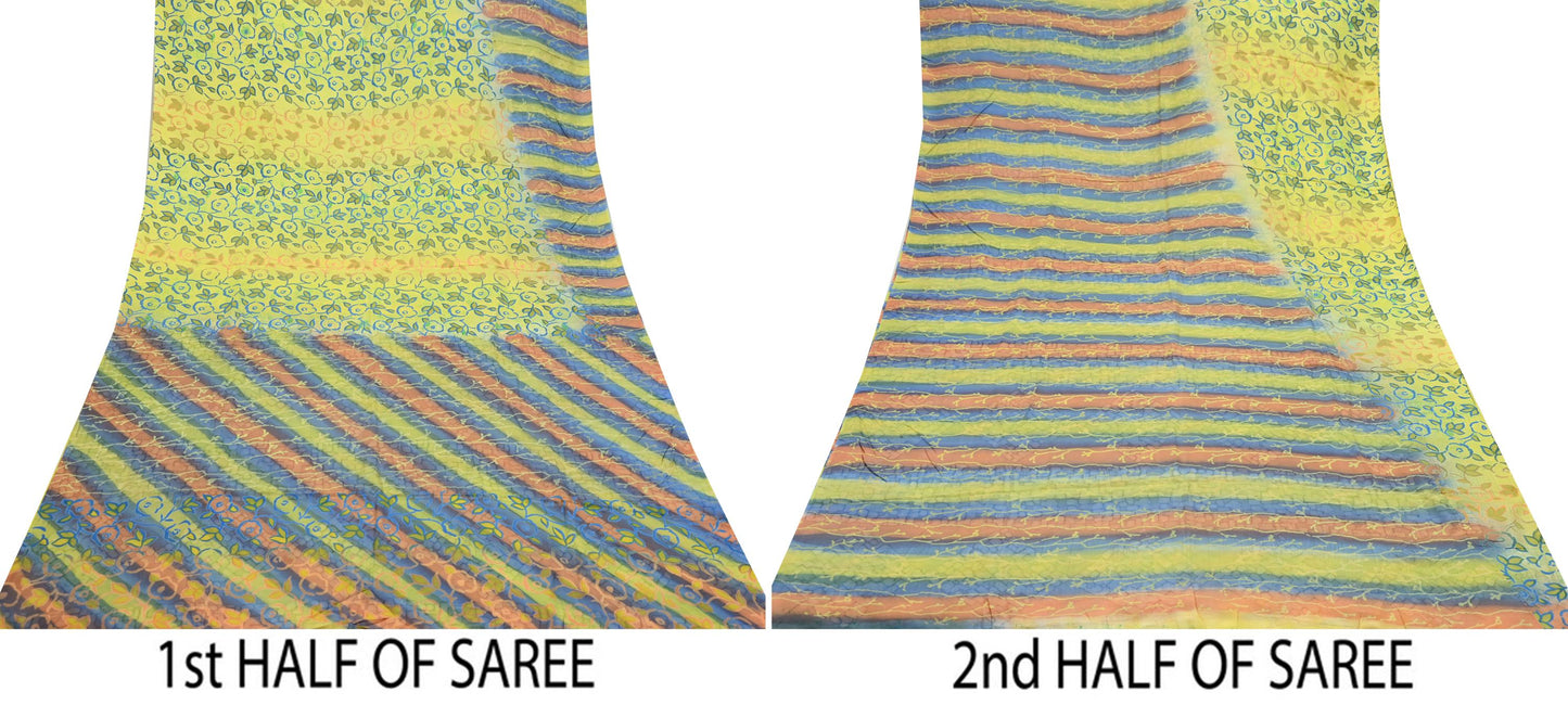 Indian Vintage Sari Yellow 100% Pure Silk Printed Sarees Craft Fabric 5yd Sewing DressMaking Soft Abstract Dress making Quilting Crafting