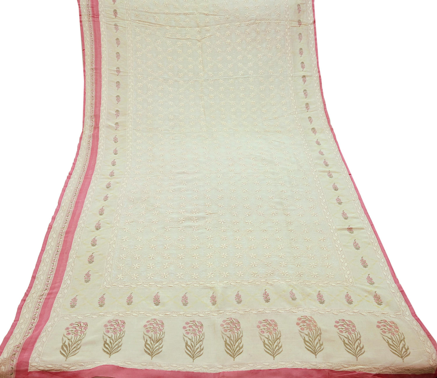 Indian Vintage Dupatta Ivory Long Stole Pure Chanderi silk Handmade Chikankari Scarves Veil Scarf Wrap Floral Design