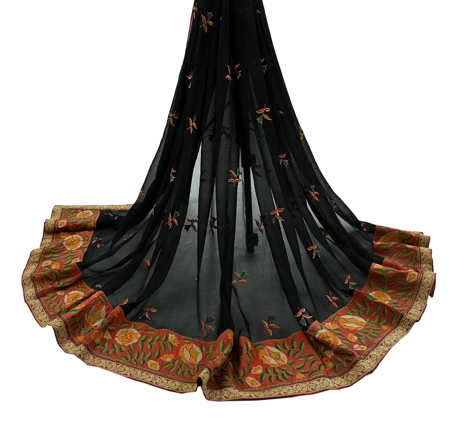 Indian Vintage Dupatta Black Pure Georgette silk Long Stole Embroidered Scarves Stole Veil Wrap