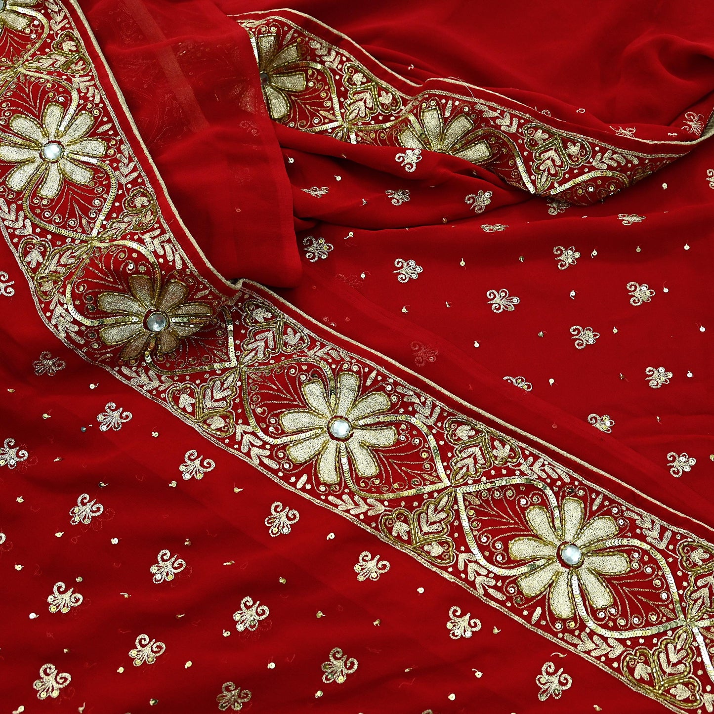 Indian Vintage Heavy Sari Red Pure Georgette Silk Hand Embroidered Sarees Craft Fabric 5Yd Sewing Ethnic Zardozi/dabka zari Wedding sarees