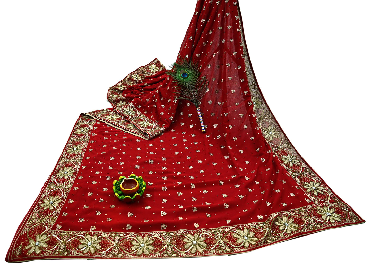 Indian Vintage Heavy Sari Red Pure Georgette Silk Hand Embroidered Sarees Craft Fabric 5Yd Sewing Ethnic Zardozi/dabka zari Wedding sarees